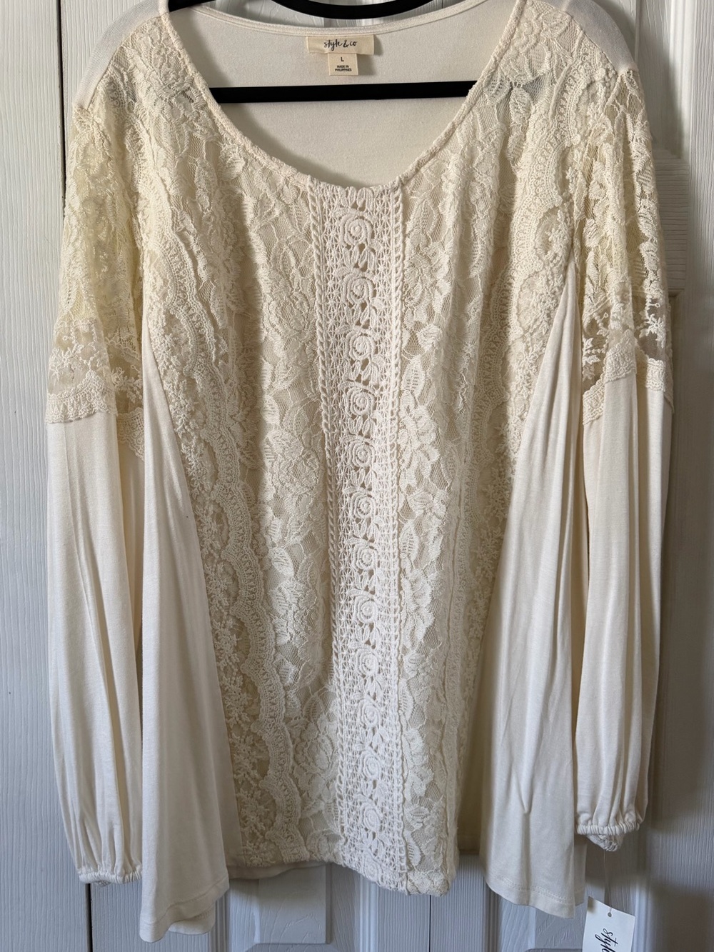 Style & Co. Cream Lace-Front Long-Sleeve Tunic Top